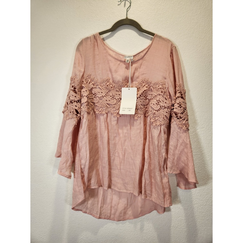Spense Blush Pink Lace Bell Sleeve Boho Tunic Top High Low Size Large NWT